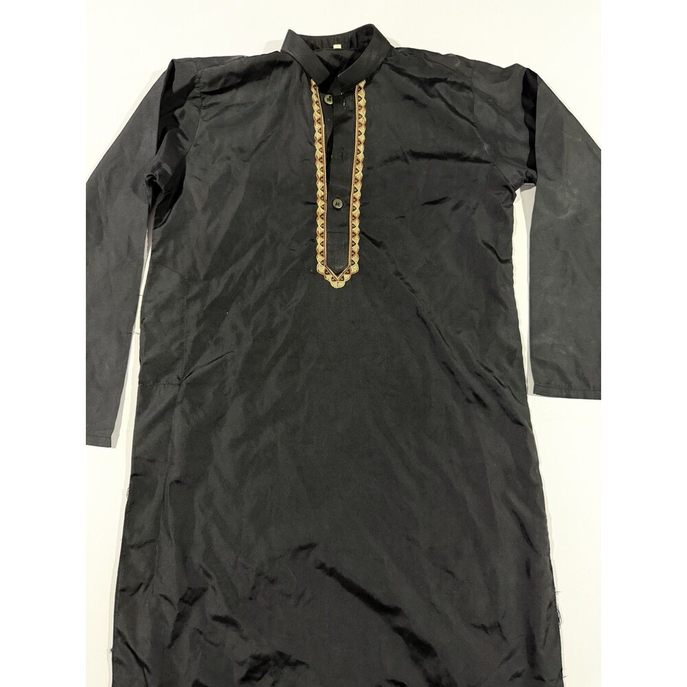 Black Cotton Men's Kurta Gold Embroidered Placket, Long Sleeve, Band Collar